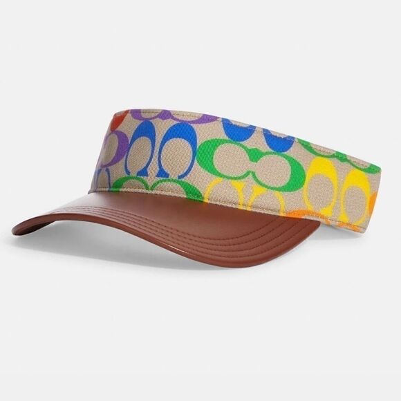 NWT 𝅺COACH RAINBOW SIGNATURE COTTON/LEATHER VISOR NEW WITH TAG​​​​ - Picture 1 of 9